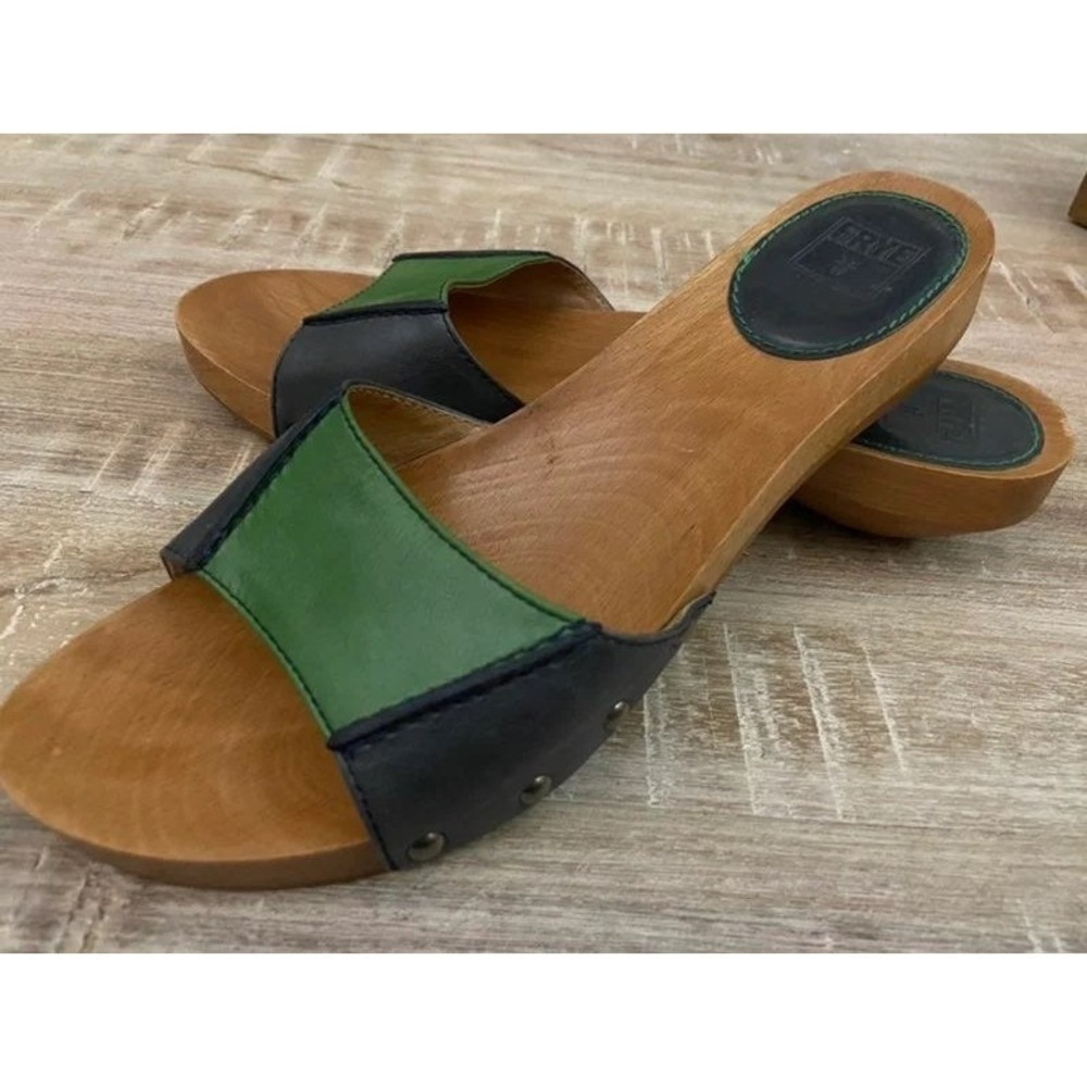 Frye Ellie Wood Slides 9 navy/green